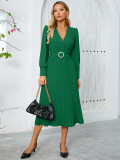 Europe and the United States women's new V-neck long-sleeved dress foreign trade fashion slimming temperament pleated A-line long dress