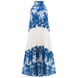 2025 Europe and the United States foreign trade cross-border women's stand collar sleeveless pleated printed skirt loose A long skirt burst dress