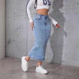 Cross-border new high-waisted slimming mid-length skirt girl denim long skirt big size slit wrap hip one-step skirt