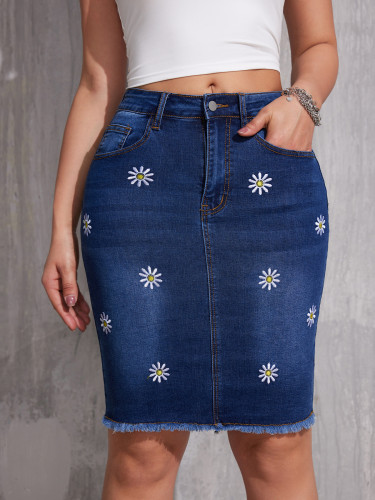 Aliexpress cross border high Fanny pack hip denim skirt tight stretch slimming medium length flower step package hip skirt
