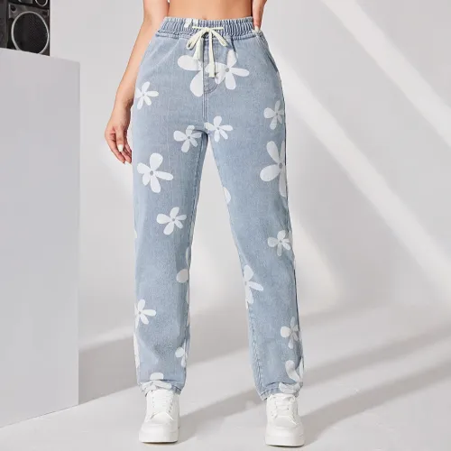 2025 Cross-border Amazon hot pants women's retro loose wide-leg street elastic mid-waist jeans and pants