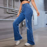 Cross-border Europe and the United States new high-waisted slimming four buckle thin washed holes rough edge micro ripped casual denim pants woman