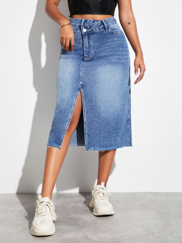 European and American style foreign trade cross-border Aliexpress classic retro texture before slit irregular lines denim skirt denim