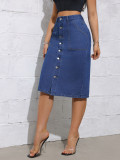 Manufacturers custom high waist tight elastic mid-length denim skirt bottom over the knee slit one step wrap hip skirt