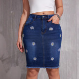 Aliexpress cross border high Fanny pack hip denim skirt tight stretch slimming medium length flower step package hip skirt