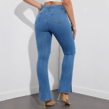 European and American style tight hip lift stretch high waist black split jeans women slim slimming floor micro-flared pants