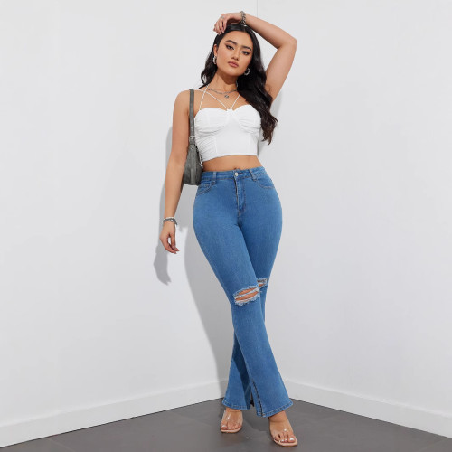 European and American style tight hip lift stretch high waist black split jeans women slim slimming floor micro-flared pants