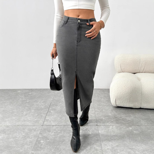 Cross-border vintage denim skirt skirt women's spring and autumn high-waisted slimming package hip straight A-line slit long skirt