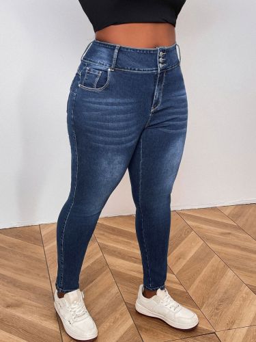 Cross-border Europe and the United States fat MM plus fat plus size jeans straight leg dark blue high waist stretch hip lift skinny jeans