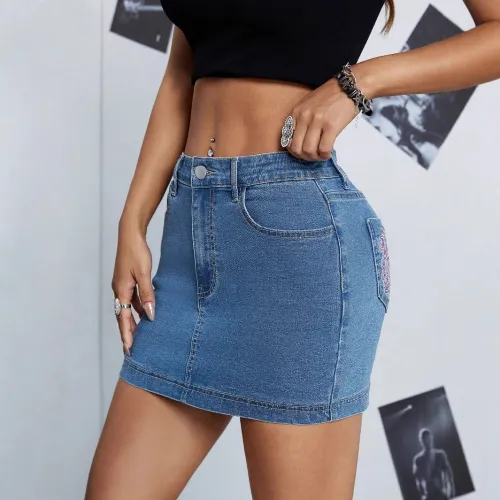 Cross-border European version of large size high waist elastic sexy package hip sports spring summer denim short skirt slimming half skirt female wholesale