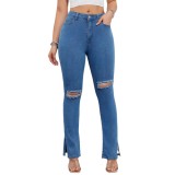 European and American style tight hip lift stretch high waist black split jeans women slim slimming floor micro-flared pants