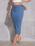 Cross-border new high-waisted slimming mid-length skirt girl denim long skirt big size slit wrap hip one-step skirt