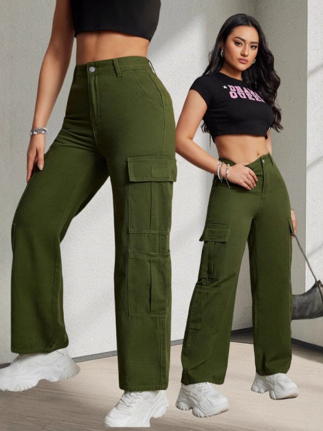 Europe and the United States women's street fashion multi-pocket cargo straight pants high waist slim loose khaki jeans woman