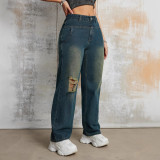 Cross-level foreign trade American vintage ripped jeans women's high waist slimming women's autumn new style niche sense straight pants