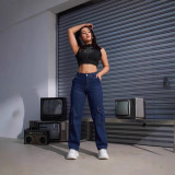 American cross-border new foreign trade women's casual high-waisted cargo jeans flip pocket straight leg jeans pants