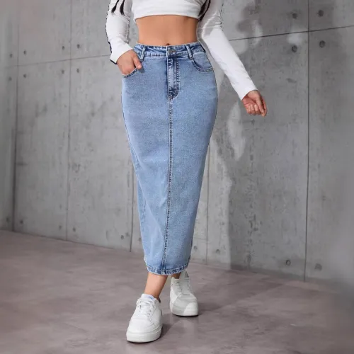 Cross-border new high-waisted slimming mid-length skirt girl denim long skirt big size slit wrap hip one-step skirt