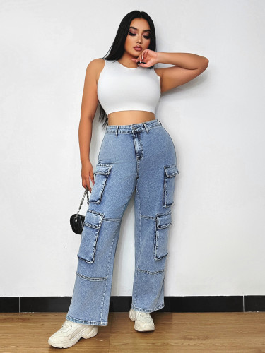 2025 cross-border Amazon women's new casual fashion high-waisted straight tube multi-bag all-in-one denim pants