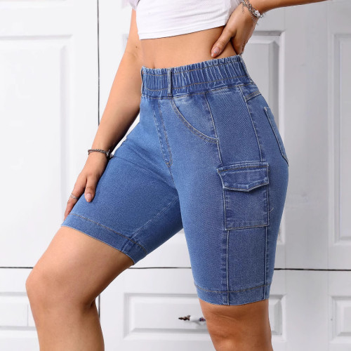 Manufacturers custom foreign trade denim shorts women 2025 summer new high-waisted straight leg European and American style casual three-quarter pants