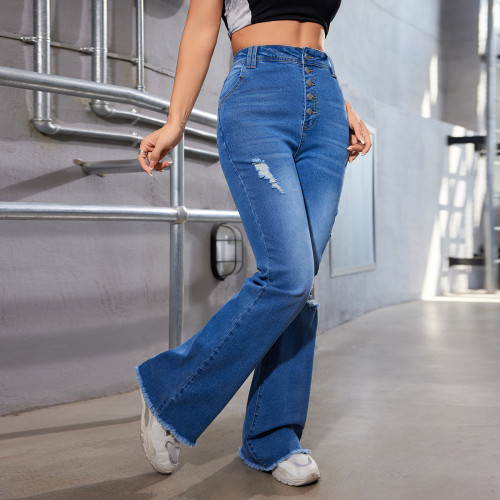 Cross-border Europe and the United States new high-waisted slimming four buckle thin washed holes rough edge micro ripped casual denim pants woman