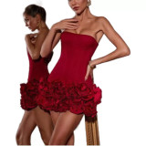 European and American style summer women's dress red high-end sexy strapless dress slim flower skirt skirt sheath skirt