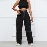 Europe and the United States cross-border new high-waist side waist pocket straight leg cargo jeans female handsome street shot bright line loose