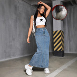 Amazon cross-border retro split denim skirt women 2025 summer European and American style high-waisted slimming fishtail skirt