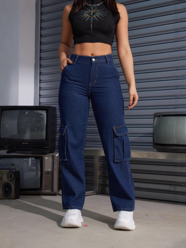 American cross-border new foreign trade women's casual high-waisted cargo jeans flip pocket straight leg jeans pants