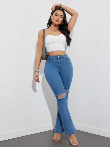 European and American style tight hip lift stretch high waist black split jeans women slim slimming floor micro-flared pants