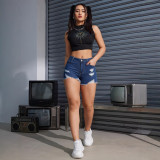 Cross-border AliExpress hot American denim shorts women's all-in-one blue ripped shorts hem hem jeans