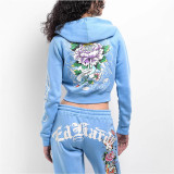 2025 Europe and the United States fashion street leisure comfortable painted zipper hooded positioning print two-piece women's suit