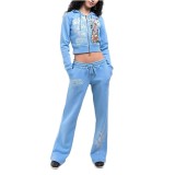 2025 Europe and the United States fashion street leisure comfortable painted zipper hooded positioning print two-piece women's suit