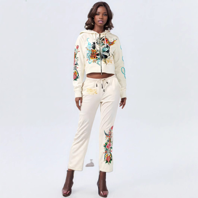 Europe and the United States fashion street casual comfortable painted zipper hooded positioning print two-piece women's suit