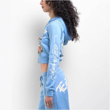 2025 Europe and the United States fashion street leisure comfortable painted zipper hooded positioning print two-piece women's suit
