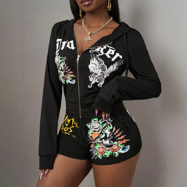 2025 Cross-border European and American women's spring and summer positioning printed long sleeve shorts set