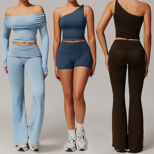 Stock New Women's Yoga set Sports Long sleeve Quick dry flare tank top Body shorts Yoga leggings gym High pants Vest bra suit