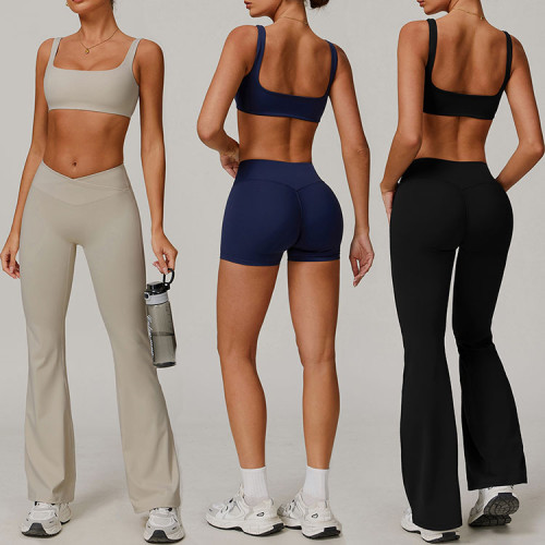 2025 New Women's Sports Shorts Yoga 3pcs Set Gym Fitness Wear Quick Dry Leggings Flared Pants Bra Suit Lady Top Custom logo