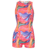 R24RP003 European and American women's summer fashion new color printed back hollow-out round neck sleeveless jumpsuit shorts