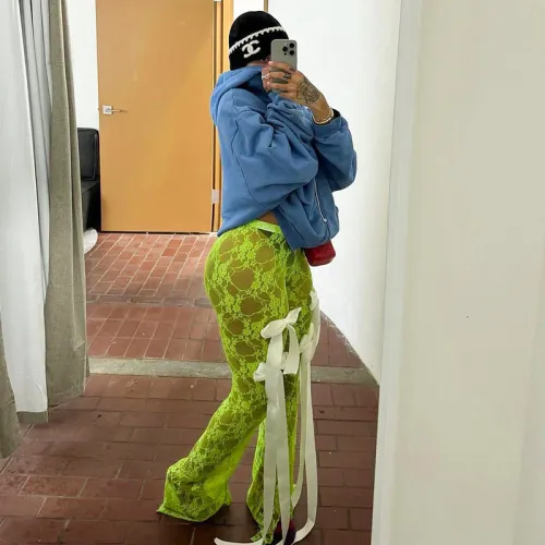 K24PT051 European and American style women's summer new street wear with perspective lace strap stitching low-waist casual pants