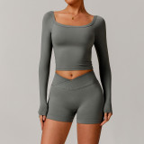 2025 New Women Yoga 4pcs set long sleeve fitness top quick dry shorts Gym vest sports leggings T-shirt yoga set high waist pants
