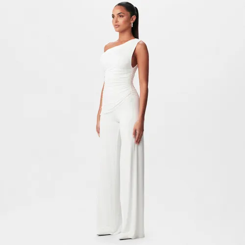 K25ST004 Europe and the United States cross-border women's spring summer oblique span open-shoulder hollow pleats elastic waist straight leg loose pants suit
