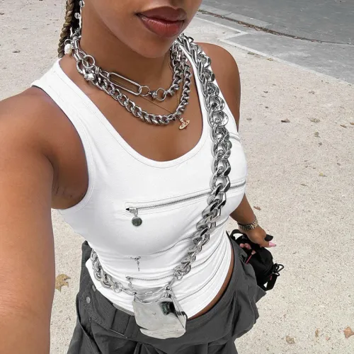 K24TP340 cross-border European and American women's dress design sense niche Spice zip-up round neck hollow sexy vest top