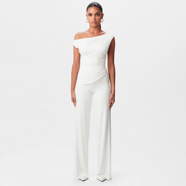 K25ST004 Europe and the United States cross-border women's spring summer oblique span open-shoulder hollow pleats elastic waist straight leg loose pants suit