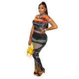 K25ST046 Europe and the United States cross-border women's spring and summer painted see-through mesh round neck set elastic high waist horn suit