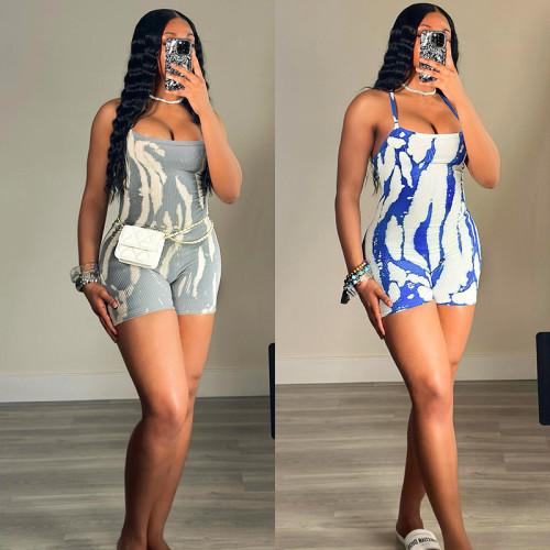 K24RP168 European and American women's summer new fashion color contrast stripes sleeveless halter casual sports jumpsuit shorts