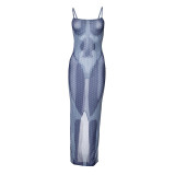 R24DS023 Europe and the United States women's summer new sexy perspective sleeveless halter back split mesh print dress