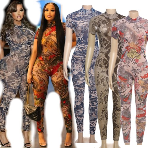 Snake Print Wholesaler Mesh Jumpsuit Summer Short Sleeve Backless Women's Jumpsuits Playsuits Skinny One Piece Scrub Jumpsuit