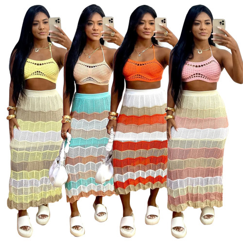 Hot Selling Rainbow Colourful Two Piece Long Skirt Beach Set Halter Bra Tops for Women 2025 Beachwear