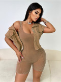 High Quality Summer Autumn Women Casual Cargo 2 Piece Set Solid Open Jacket+Ribbed Jumpsuit Romper Matching Outfits