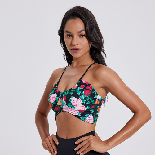 New U-Neck Pleated Thin Straps Sports Underwear Animal Print Sexy Back Thin Slim Yoga Top