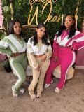Splicing Color Contrast Long Sleeve Flare Pant Set Elastic Waistband Sweatsuits for Women Sets 2 Piece Ladies Tracksuit